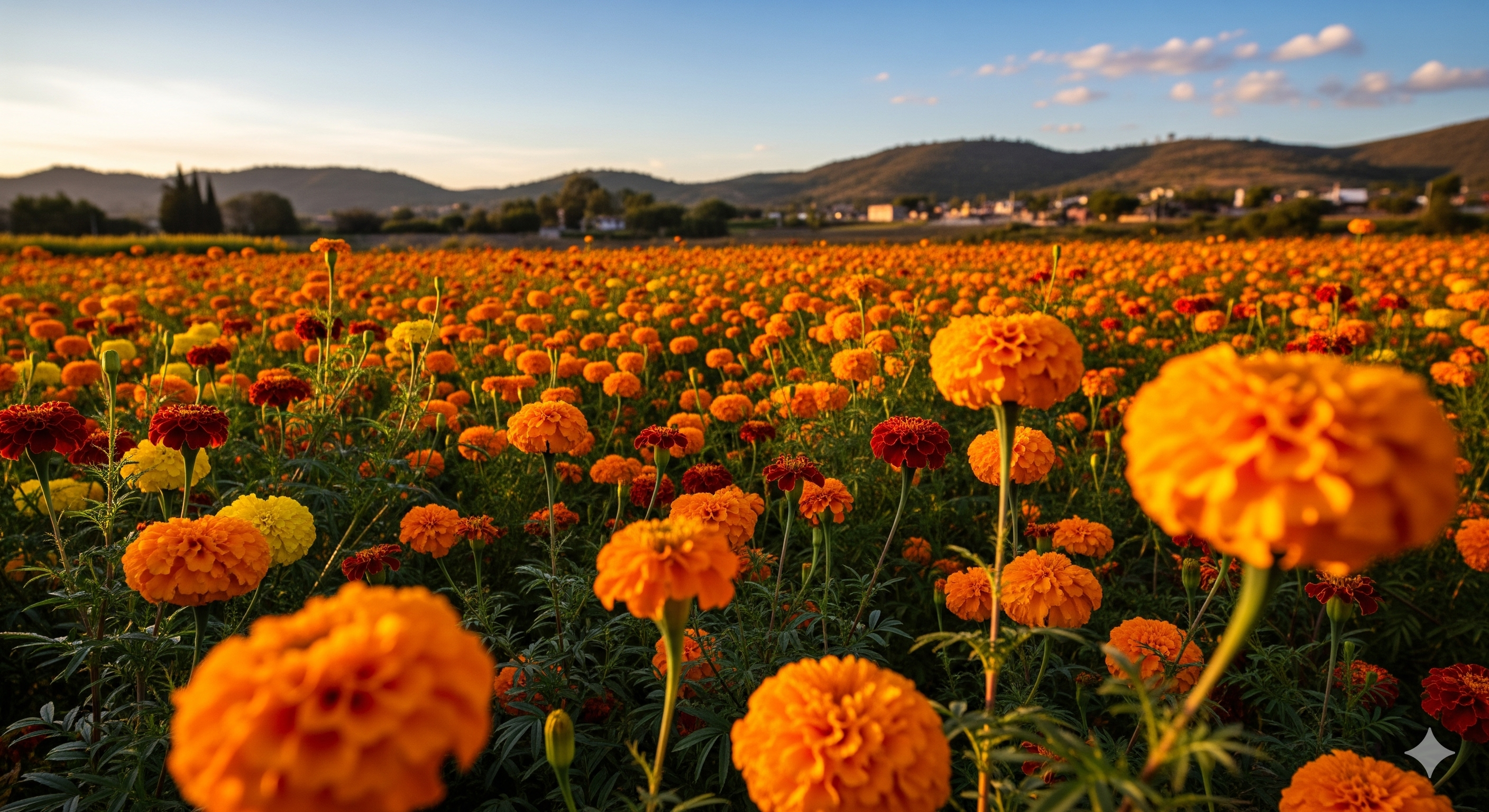 a field of flowers with mountains in the background