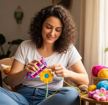 woman smiling and loom knitting