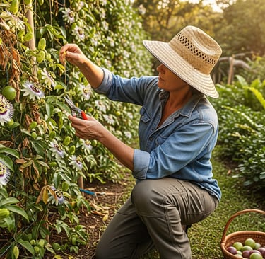 female gardener cutting passion fruit flowers
