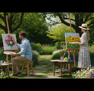 man sitting and woman standing and painting flowers in garden