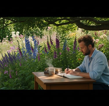 man sat at desk writing outside in the garden