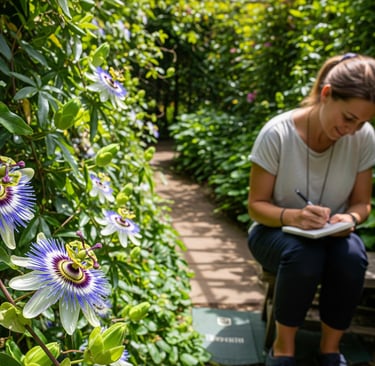 a woman sitting on a bench in a garden