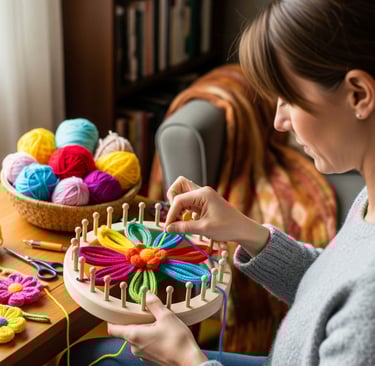 a woman is sitting at a table with yarn yarn and yarn