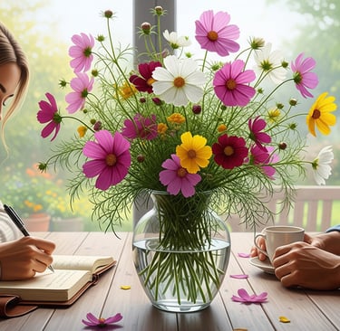 a man and woman sitting at a table with flowers