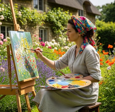 a woman in a dress and a hat is painting a picture of a woman in