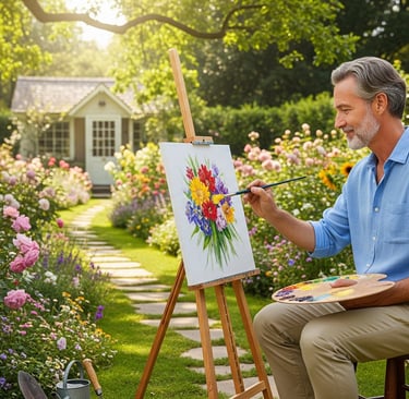 man painting delicate watercolor flowers in garden