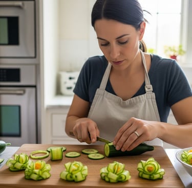 a woman in a apron is cutting cucumber cucumber