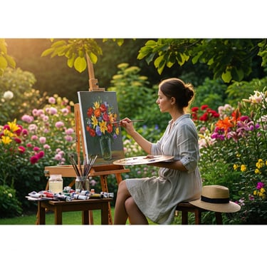 woman sat painting delicate watercolor flowers in garden