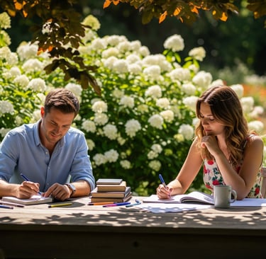 man and woman sat at garden table writing
