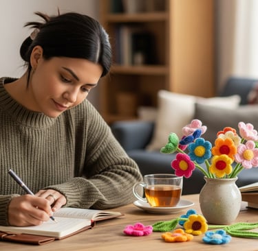 woman sat down writing in notebook