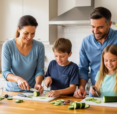 happy family preparing cucumber flowers in kitchen