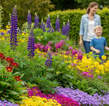 a family of four children and their parents in a garden