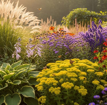 a garden with a variety of flowers and plants