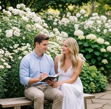 a man and woman sitting on a bench in a garden