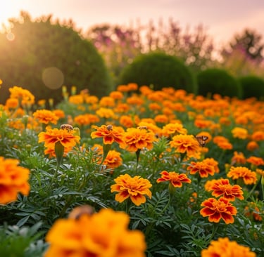 mexican marigolds in setting sun