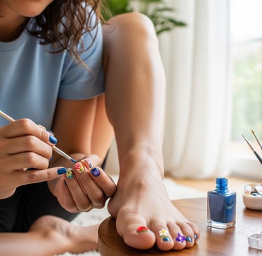 a woman is sitting on a table with a paintbrush and a paintbrush