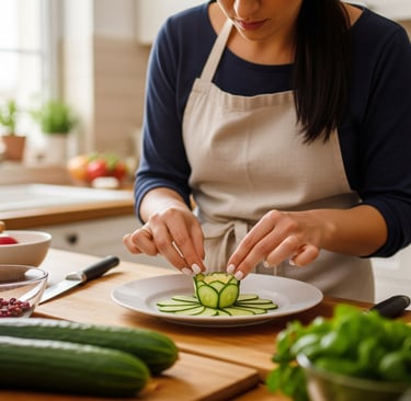 woman preparing cucumber flower garnish in home kitchen