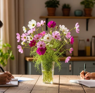 man and woman sat at writing with flowers in glass jar on table