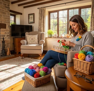 a woman sitting on a couch loom knitting flowers