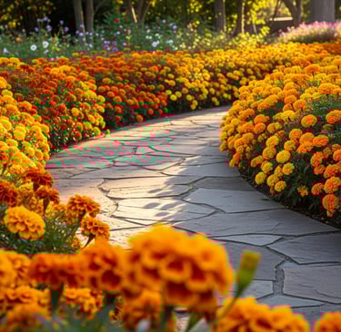garden path flanked by marigolds on either side
