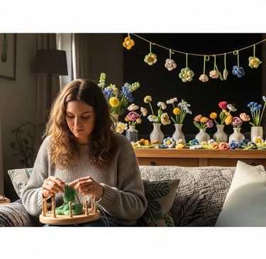 woman loom knitting with DIY knit flowers in background