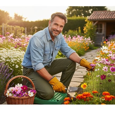 man smiling whilst in garden with cosmos sensation mixed colors flowers