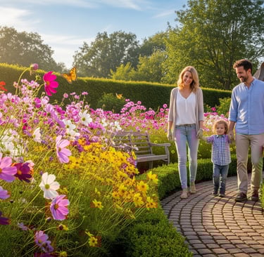 a family walking through a garden with flowers