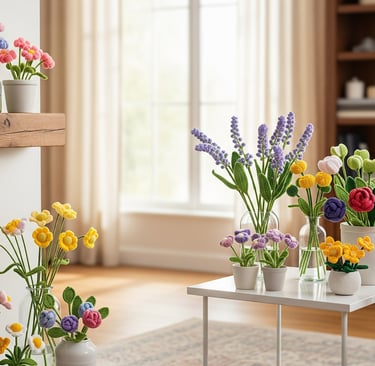 beautiful loom knit flowers on table in living room