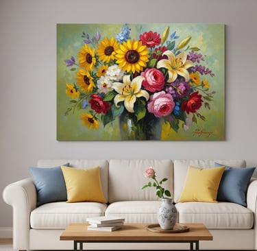 beautiful hanging flower painting in modern living room
