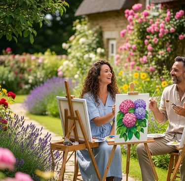 a man and woman sitting at a table in a garden