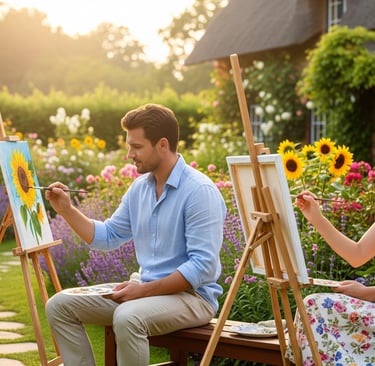 a man and woman are painting in a garden
