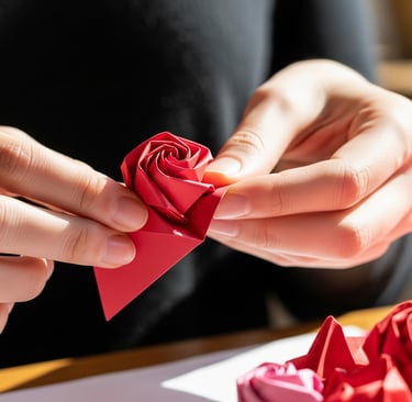 a person holding a paper rose in their hands