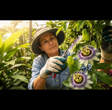 female gardener trimming passion fruit flowers