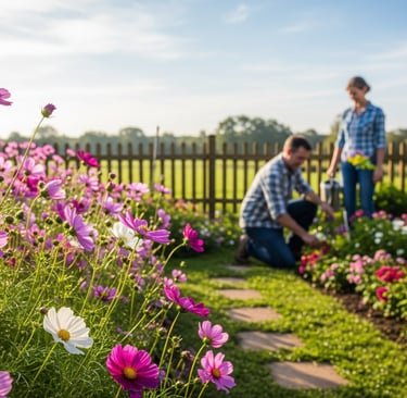 man and woman planting cosmos flowers 