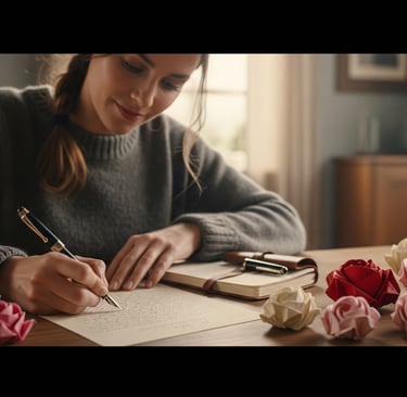 woman sat at desk writing notes