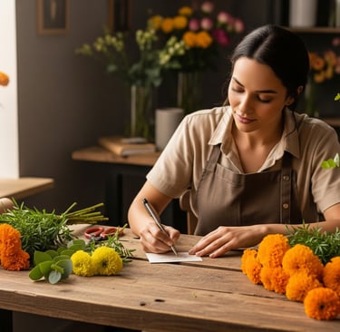 woman writing at desk surrounded by marigold flowers