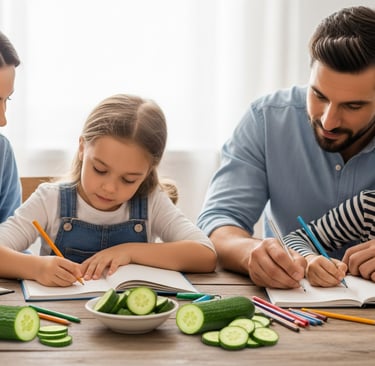 young children writing in notebooks with cucumbers on table