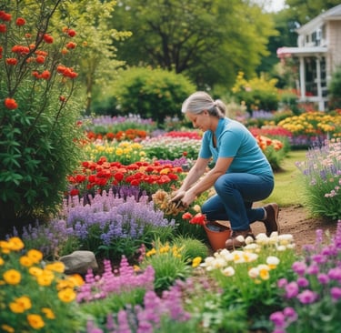 woman caring for plants in garden