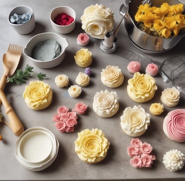 buttercream flowers and baking utensils