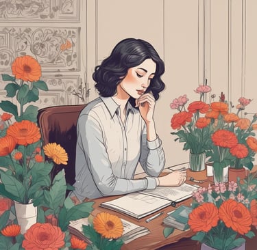 flower artwork woman at desk