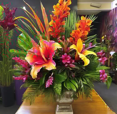 a vase filled with lots of flowers on top of a table