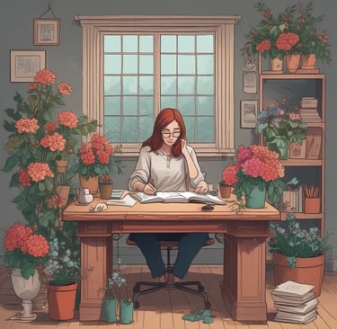 woman sat at desk writing in book