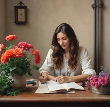 woman at table writing