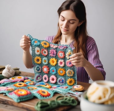woman holding up granny square pattern