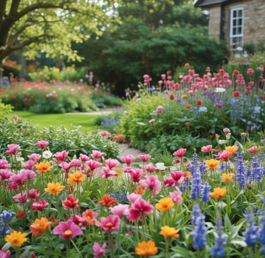 Spring flowers on a garden path