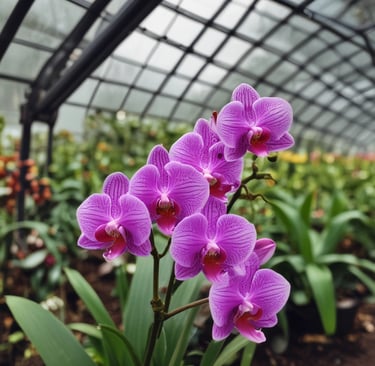 purple orchids in greenhouse