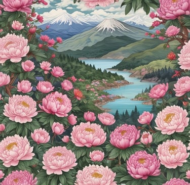 pink flowers by river in art scene