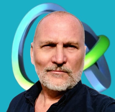 Vlad Hunter Lodzinski, Stelarator CEO against it's logo background, a determined looking exec