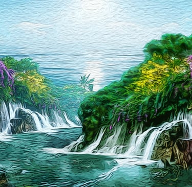 Impressionist oil painting of a tropical landscape with waterfalls, lush green cliffs, and purple flowers.