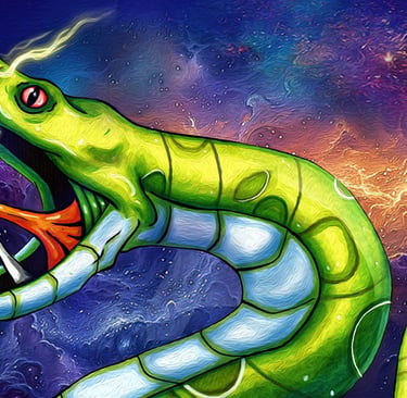 Vibrant digital painting of a giant green serpent with fangs floating in a colorful space nebula.